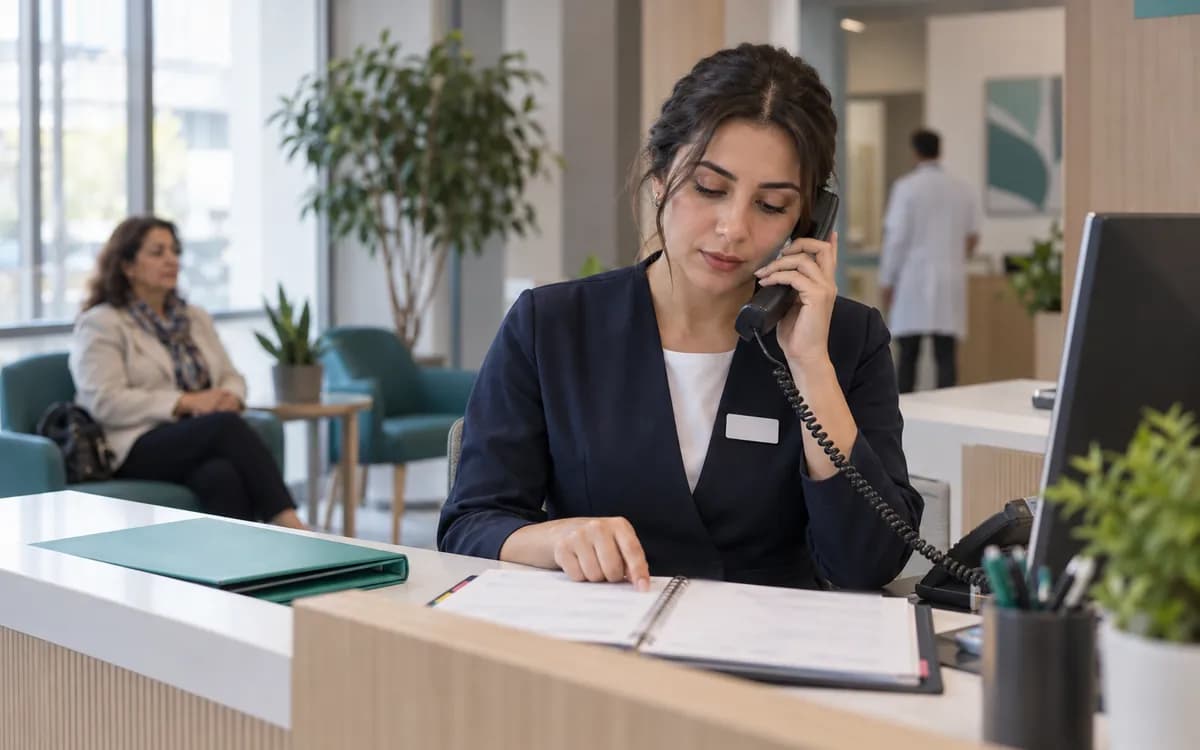 Telefonla konuşurken kâğıt ajandaya bakan ön büro görevlisi, arkada bekleyen hasta