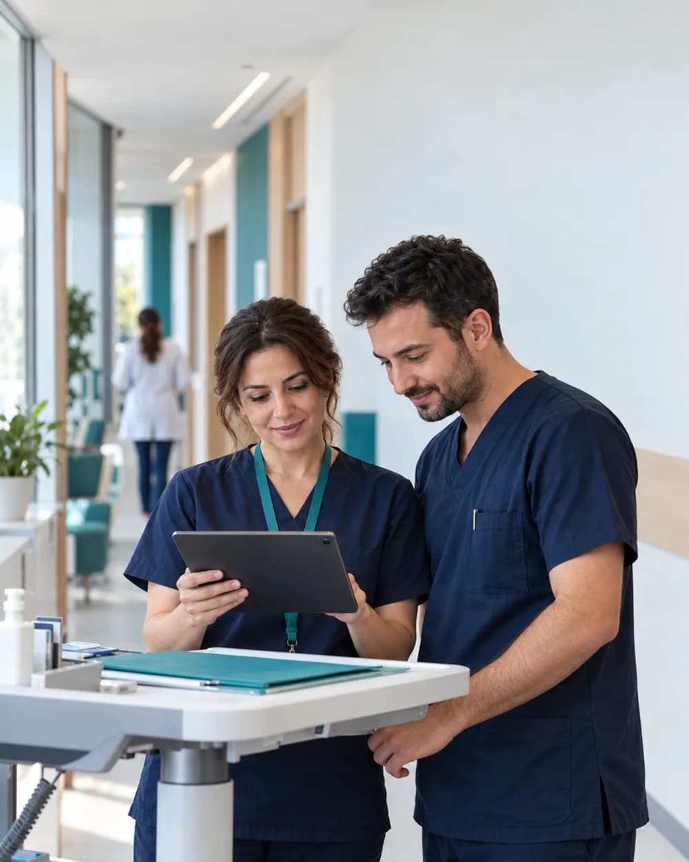 Klinik koridorunda hasta dosyasını birlikte gözden geçiren hekim ve hemşire